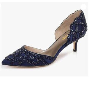 XYD Women's Pumps, Elegant Pointed Toe,Kitten Low Heels, Rhinestone Studs Blue